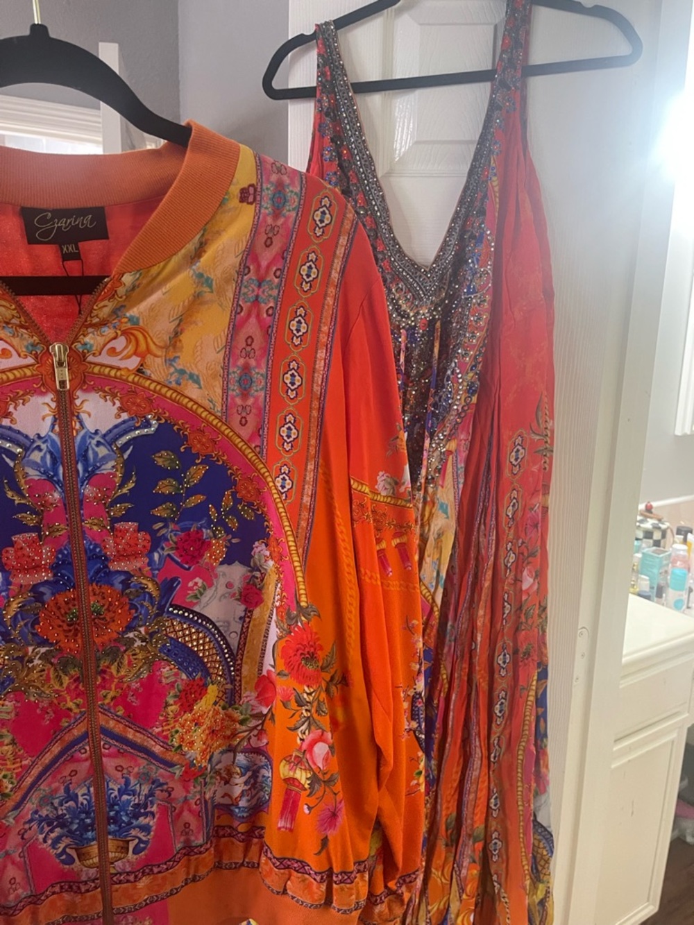 Czarina Vibrant Orange Maxi Dress with Embellished V-Neck. Dress and jacket set